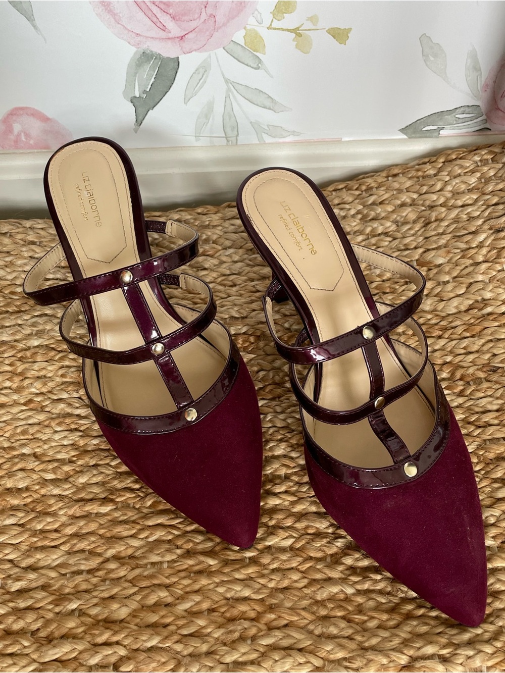 Liz Claiborne Burgundy Pointed Toe Kitten Heel Mules Size 10